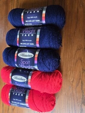 5 Skeins Sport Weight Yarn - Navy & Red Acrylic Skeins
